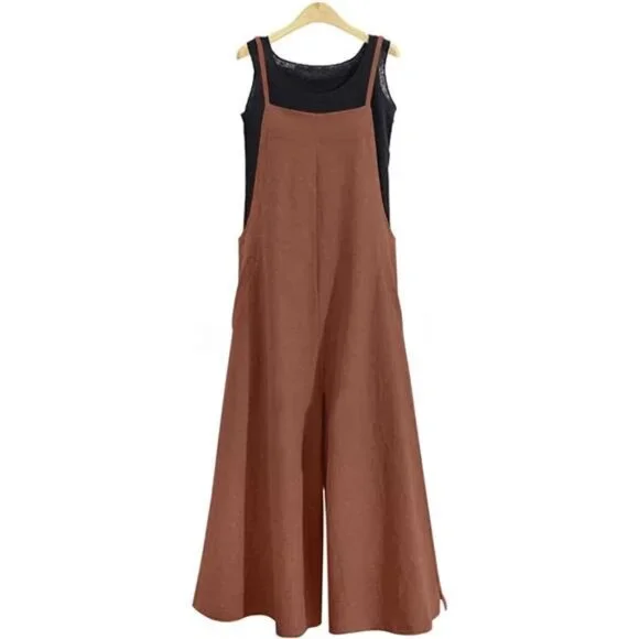 Women Loose Long Bib Pants Wide Leg Jumpsuits Brown - Picture 3 of 5